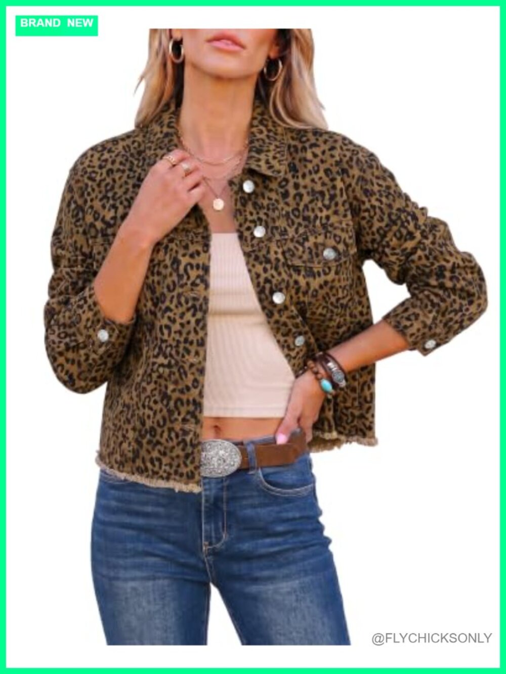 Women's Stretchy Frayed Hem Leopard Print Jean Jacket Casual Cropped Denim